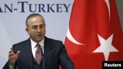 Georgia -- Turkish Foreign Minister Mevlut Cavusoglu speaks during a news briefing in Tbilisi, February 19, 2016