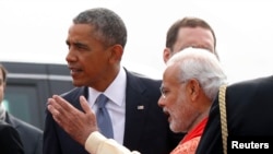 Президент США Барак Обама и премьер-министр Индии Нарендра Моди в Дели, 25 января 2015 г.