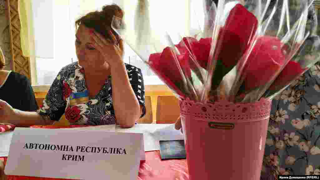 A woman sits at a polling station in Kalanchak, in the Kherson region, where a polling station for the Autonomous Republic of Crimea is located. (RFE/RL/Iryna Domashchenko)