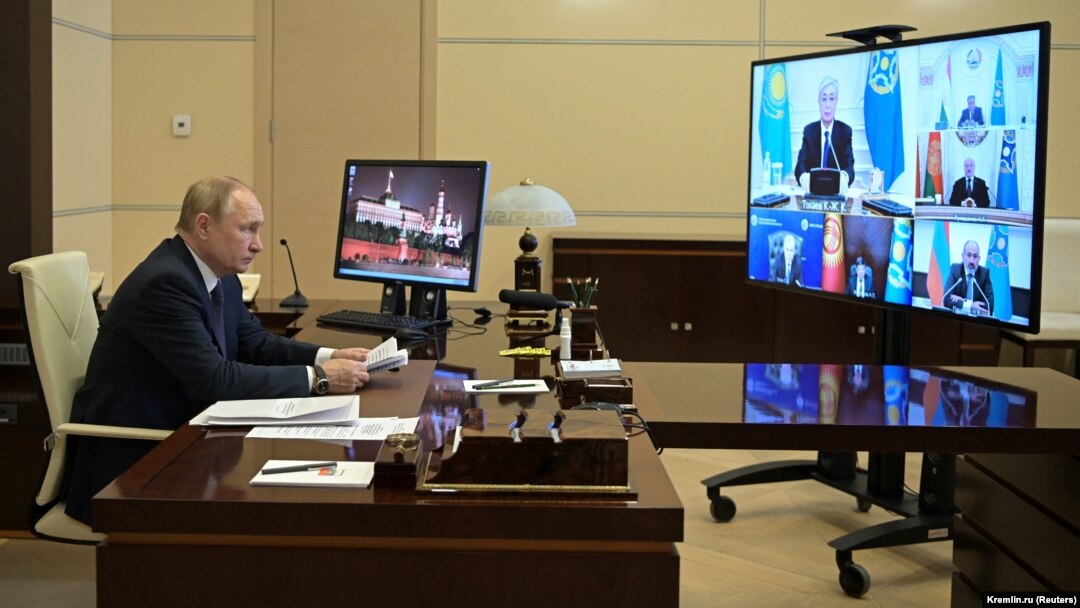 Russian President Vladimir Putin attends an extraordinary meeting of the Council of the Collective Security Treaty Organization (CSTO) via video link at the Novo-Ogaryovo state residence outside Moscow on January 10.