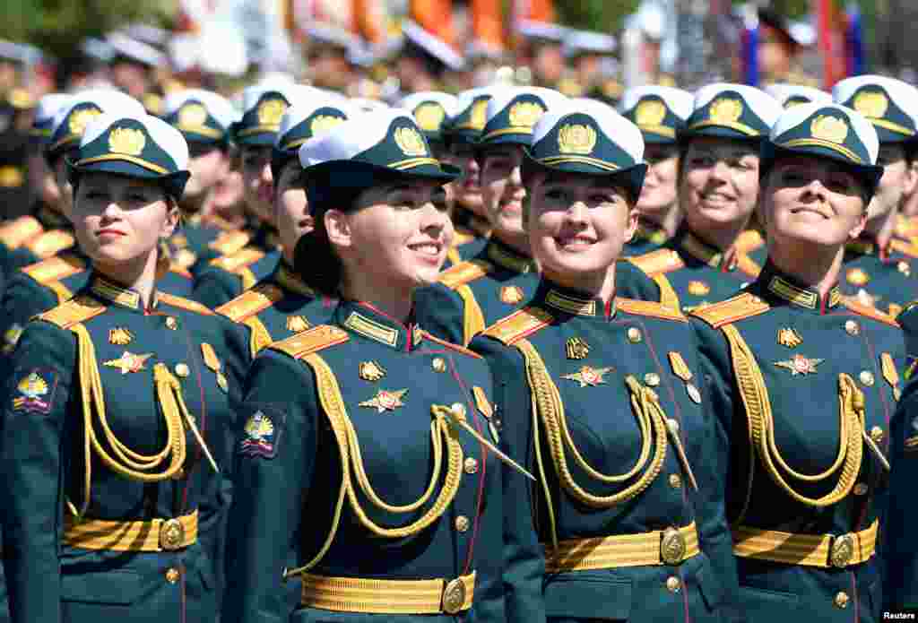 Russian servicewomen march during the Victory Day parade.&nbsp;They were among&nbsp;14,000 troops from 13 countries who took part in the event. Soldiers taking part had been tested and placed in quarantine ahead of the parade.