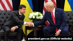 Ukrainian President Volodymyr Zelenskiy (left) and then-U.S. President Donald Trump in New York in September 2019