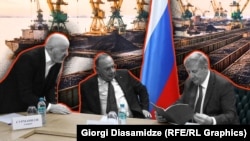 ამირან სურმანიძე და ვალერიანე ქოჩიაშვილი ოკუპირებულ დონეცკში რუსეთის მიერ დანიშნულ პრემიერ-მინისტრთან ერთად შეხვედრაზე - ფოტოკოლაჟის ფონზე ქვანახშირით დატვირთული ვაგონები ჩანს. 