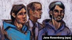 A courtroom sketch shows Akhror Saidakhmetov (left) and Abdurasul Juraboev and a court interpreter in court in Brooklyn in February 2015.