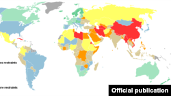 خارطة أصدرتها منظمة "صحفيون بلا حدود" تقسم بلدان العالم بحسب مستوى القيود المفروضة على حرية الصحافة