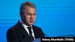 Russian Defense Minister Sergei Shoigu delivers a speech during the annual Moscow Conference on International Security in Moscow on April 26.