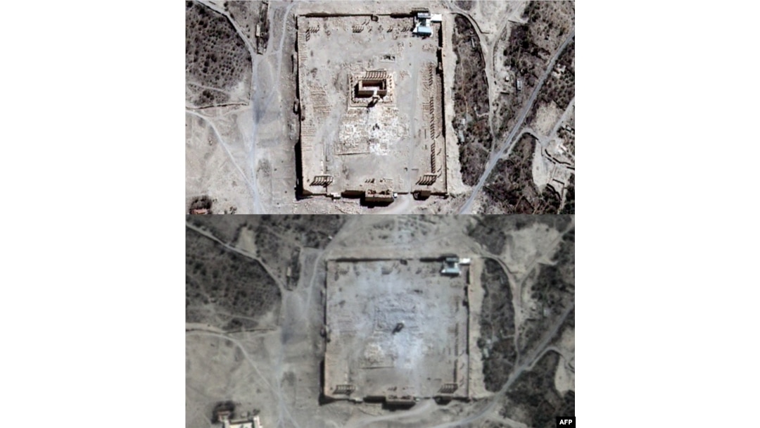 A combined photo shows close-ups of satellite-acquired images with the Temple of Bel seen in Syria's ancient city of Palmyra on August 27 and (bottom) rubble at the temple's location on August 31.