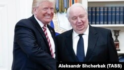 Sergei Kislyak (djathtas) duke u përshëndetur me presidentin amerikan Donald Trump më 10 maj të këtij viti në Uashington
