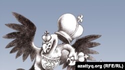 O caricatură despre Roscosmos,s emnată Sabit, într-o publicație din Cazahstan.