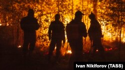 A wildfire burning near the village of Kuereleelh in the Gorny district in Russia's region of Yakutia.