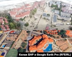 От кадри на БНР се вижда, че хотел "Роял Бей", пред който има амфитеатър, също е залят.