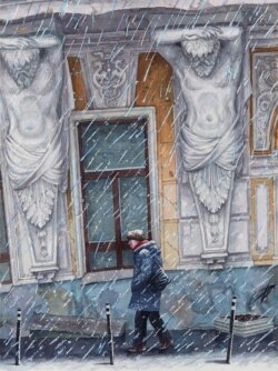 Gust sneg pada na pešaka u ulici Soljanka.