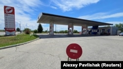 A closed gas station in Yevpatoria, on Ukraine's Russian-occupied Crimean Peninsula on June 11. 
