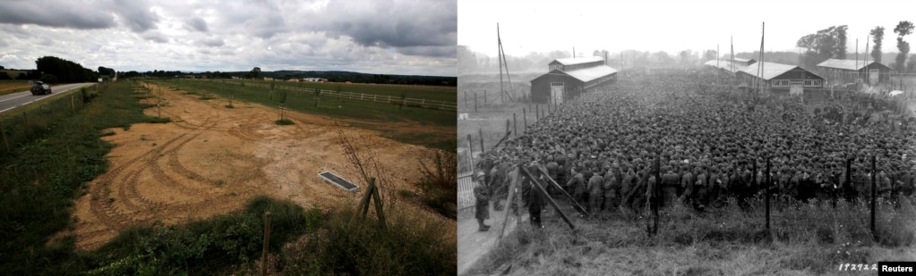 German prisoners of war, captured after the D-Day landings, are guarded by U.S. troops at a camp in Nonant-le-Pin on August 21, 1944.