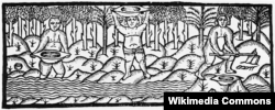 Индейцы промывают золотоносный песок. Гравюра из "Всеобщей и естественной истории Индий, островов и материка моря-океана" Гонсало Фернандеса де Овьедо-и-Вальдеса. Издание 1536 года