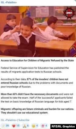 Objava ISL Paladins o upisu dece iz migranstskih porodica u škole u Rusiji (Telegram, oktobar 2025.)