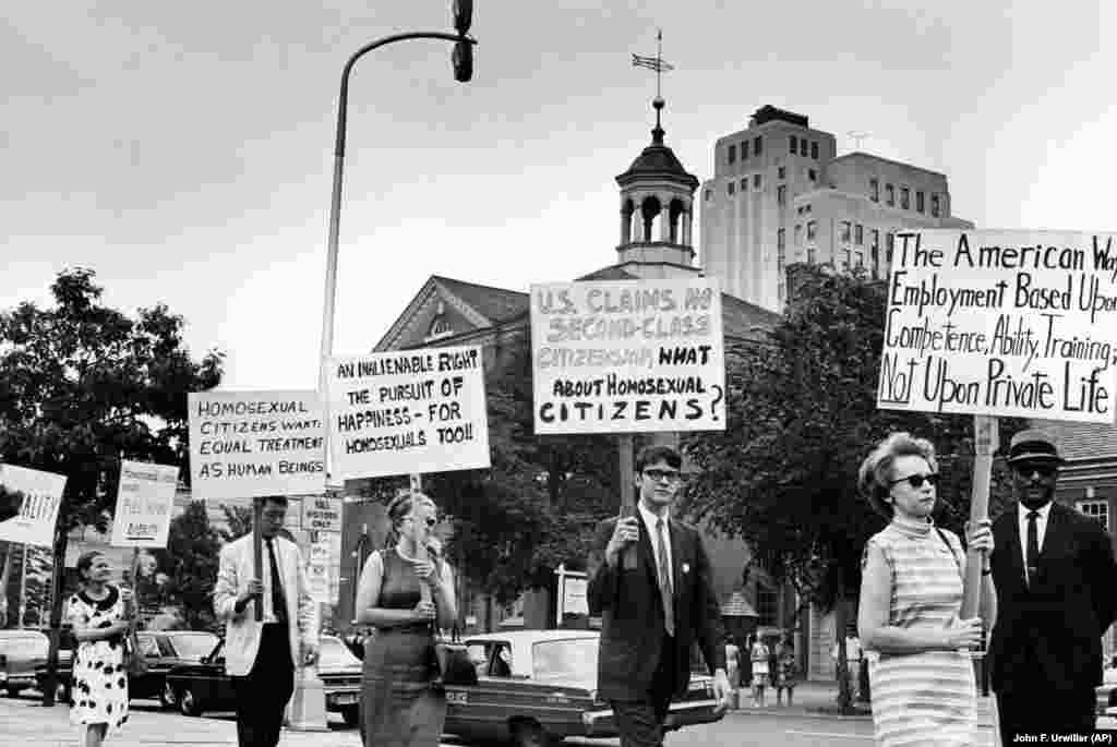 One of the first openly gay American photojournalists, Kay Tobin Lahusen (right), carries a sign calling for the end of discrimination against homosexuals at a July 4, 1967, march in front of Independence Hall in Philadelphia. Almost 50 years later, the Supreme Court legalized gay marriage in the United States on June 26, 2015.