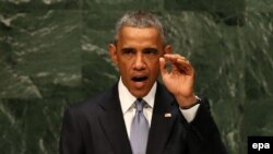 АҚШ президенті Барак Обама БҰҰ Бас ассамбелясында сөйлеп тұр. Нью-Йорк, 24 қыркүйек 2014 жыл.