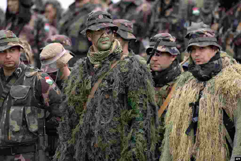 Hungarian soldiers stand with their U.S. comrades after a joint Hungarian-U.S. military exercise near the village of Osku. (AFP/Attila Kisbenedek)