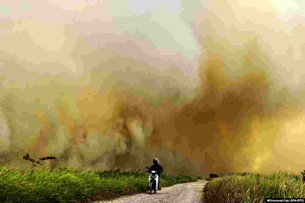 A man rides his motorcycle past a wildfire on peat land in Ogan Ilir, South Sumatra Province, Indonesia. According to media reports, Indonesian authorities deployed thousands of firefighters and security forces to control the wildfire as six provinces declared a state of emergency. (epa-EFE/Muhammad Fajri)