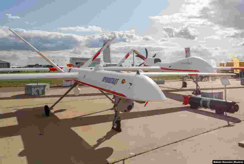The Russian drone, UAV ORION-E, is seen at the MAKS 2019 air show.