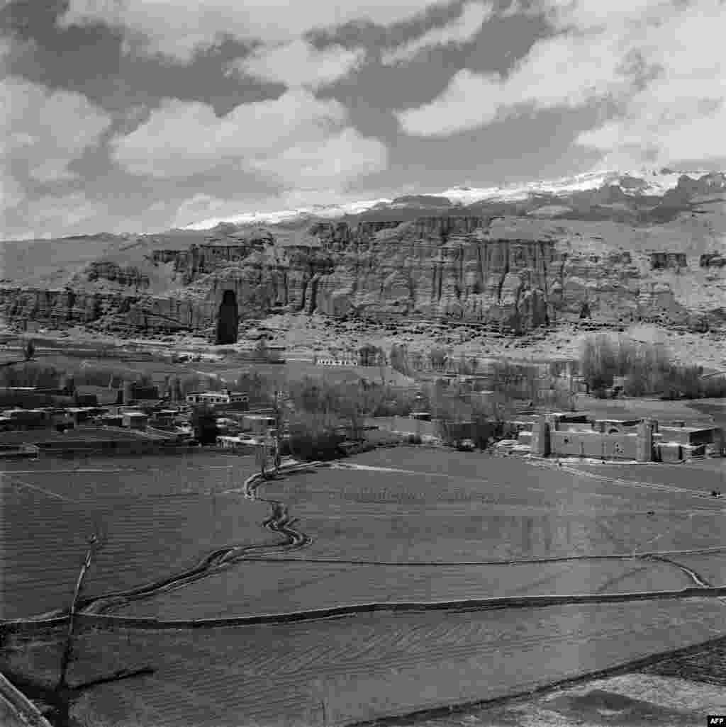 A photo of the archaeological site at Bamiyan, which was taken in May 1968 during an official visit by French Prime Minister Georges Pompidou.
