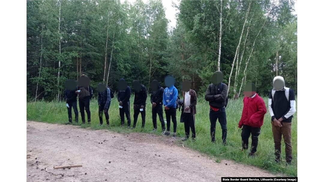 Migrants detained on June 30 await processing in Lithuanian woodland near the border with Belarus.