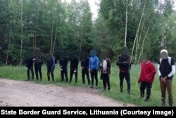 Migrants detained on June 30 await processing in Lithuanian woodland near the border with Belarus.