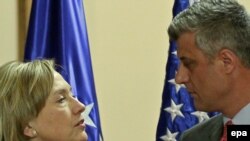 Prime Minister Hashim Thaci (right) with U.S. Secretary of State Hillary Clinton during their joint press conference in Pristina