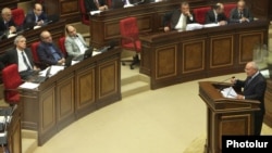 Armenia -- Armenia's Prosecutor-General Aghvan Hovsepian (R) asks the parliament to allow NA deputy Vartan Oskanian's prosecution on money laundering charges, 01Oct2012