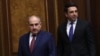 Armenia - Prime Minister Nikol Pashinian and speaker Alen Simonian arrive for a session in parliament, February 12, 2025.