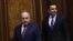 Armenia - Prime Minister Nikol Pashinian and speaker Alen Simonian arrive for a session in parliament, February 12, 2025.