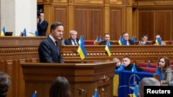 Генералниот секретар на НАТО, Марк Руте се обраќа пред украинските пратеници, Киев, Украина 3 февруари 2026 година