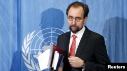 Switzerland -- UN Human Rights High Commissioner Zeid bin Ra'ad Al Hussein arrives for a media briefing in Geneva, February 1, 2016