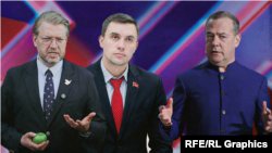 Лидер партии"Яблоко" Николай Рыбаков, представитель КПРФ Николай Бондаренко, глава "Единой России" Дмитрий Медведев


