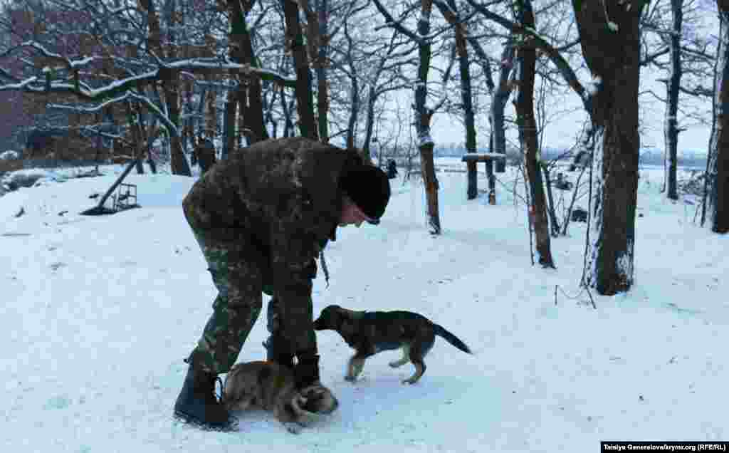 Військовий грає з собаками. Одну з них звуть Гільза. Ще бійці в різних бригадах люблять називати своїх вихованців Кулями.