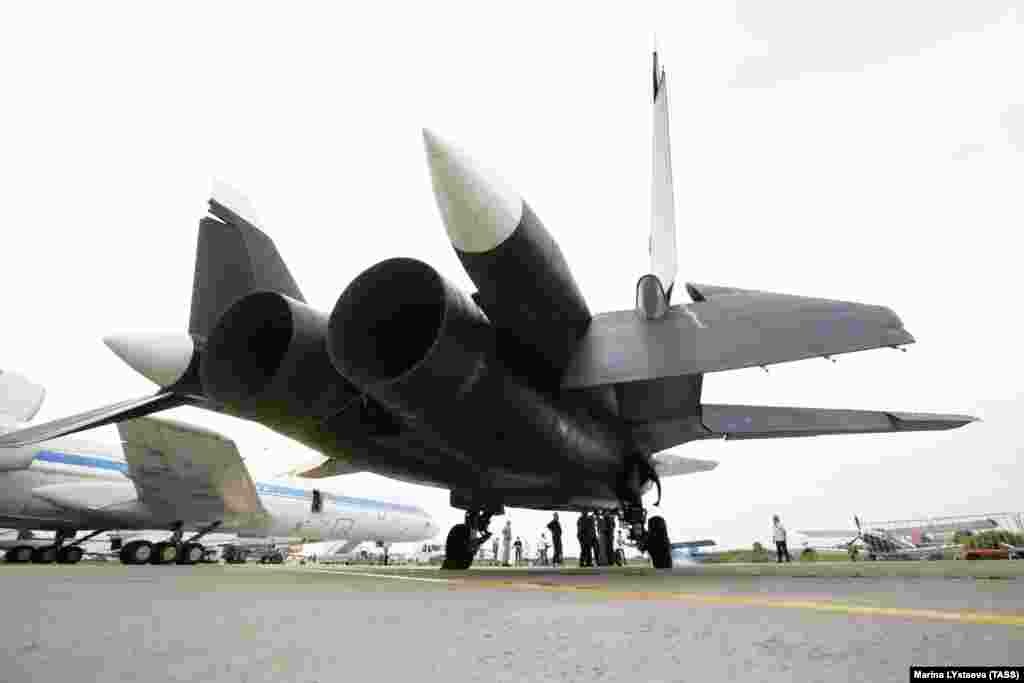 A Sukhoi Su-47 Berkut supersonic jet fighter on August 26. The experimental combat aircraft never entered service but much of its technology was incorporated into the Sukhoi Su-57​.