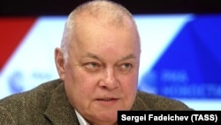 Russian state media boss Dmitry Kiselyov attends a press conference in Moscow on January 28.