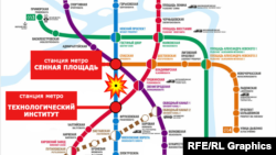 Схема метро російського Санкт-Петербурга із позначенням місця, де 3 квітня 2017 року стався вибух