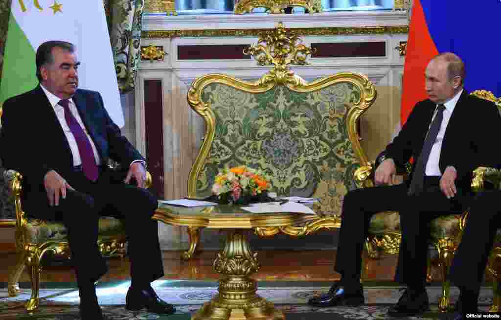 RUSSIA -- Russian President Vladimir Putin meets with his Tajik counterpart Emomali Rahmon at the Kremlin in Moscow, April 17, 2019