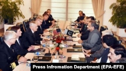 FILE: Pakistani Prime Minister Shahid Khaqan Abbasi (C-R) talks with U.S. Secretary of Defense Jim Mattis (C-L) during their meeting in Islamabad on December 4.