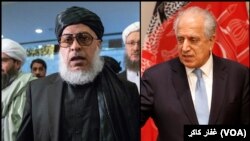 زلمی خلیل‌زاد نماینده خاص امریکا برای صلح افغانستان (راست) و شیر محمد عباس ستانکزی رئیس هیئت مذاکره کننده گروه طالبان