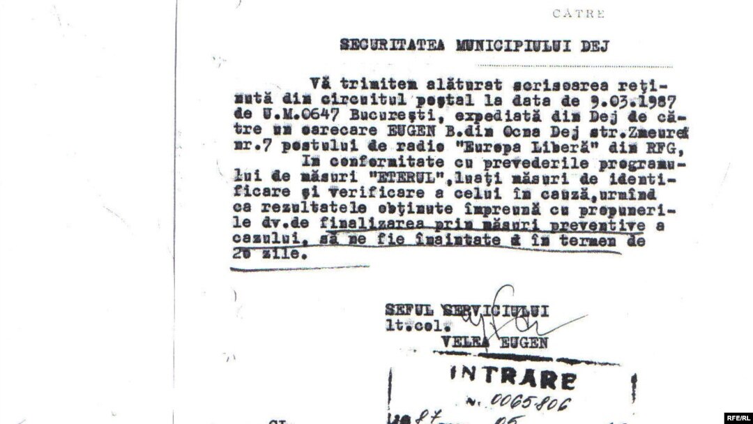 Document Strict Secret al Securității din România în care se face referire la Radio Europa Liberă, mai 1987.
