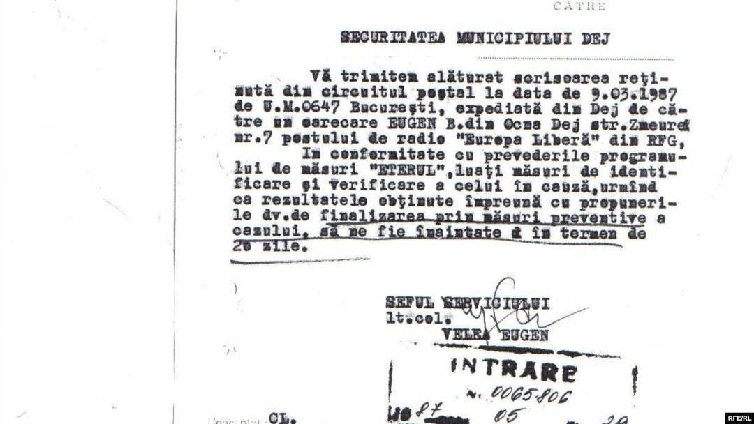 Document Strict Secret al Securității din România în care se face referire la Radio Europa Liberă, mai 1987.