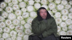 A vendor awaits customers in front of cabbages at a wholesale market on the outskirts of Jiaxing, Zhejiang province, in China.