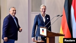 Orbán Viktor miniszterelnök és Alice Weidel AfD-társelnök budapesti sajtótájékoztatójukon, 2025. február 12-én