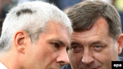 Serbian President Boris Tadic (left) talks with Milorad Dodik, prime minister of the Bosnian entity of Republika Srpska, in Pale last month