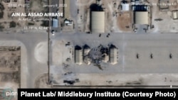 Satellite photo provided by Planet Lab/ Middlebury Institute shows Ain Al Assad Airbase which was hit by IRGC's missile strike on the midnight of January 8, 2019.