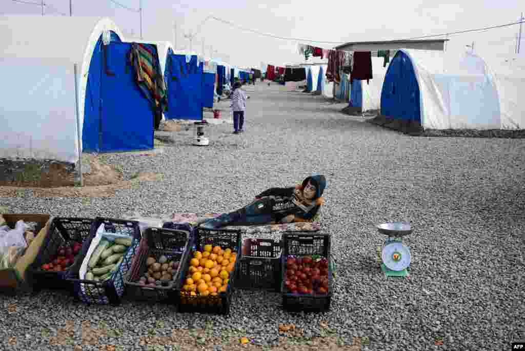 A young vegetable vendor rests at the Khazer refugee camp for people who fled the violence in the Islamic State (IS) stronghold of Mosul, Iraq. (AFP/Dimitar Dilkoff)