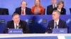 FILE: NATO Secretary-General Jen Stoltenberg, right, looks on as U.S. Secretary of State Mike Pompeo, left, makes opening remarks at the Meeting of the North Atlantic Council in Foreign Ministers' Session 1 at the U.S. State Department in Washington in April.